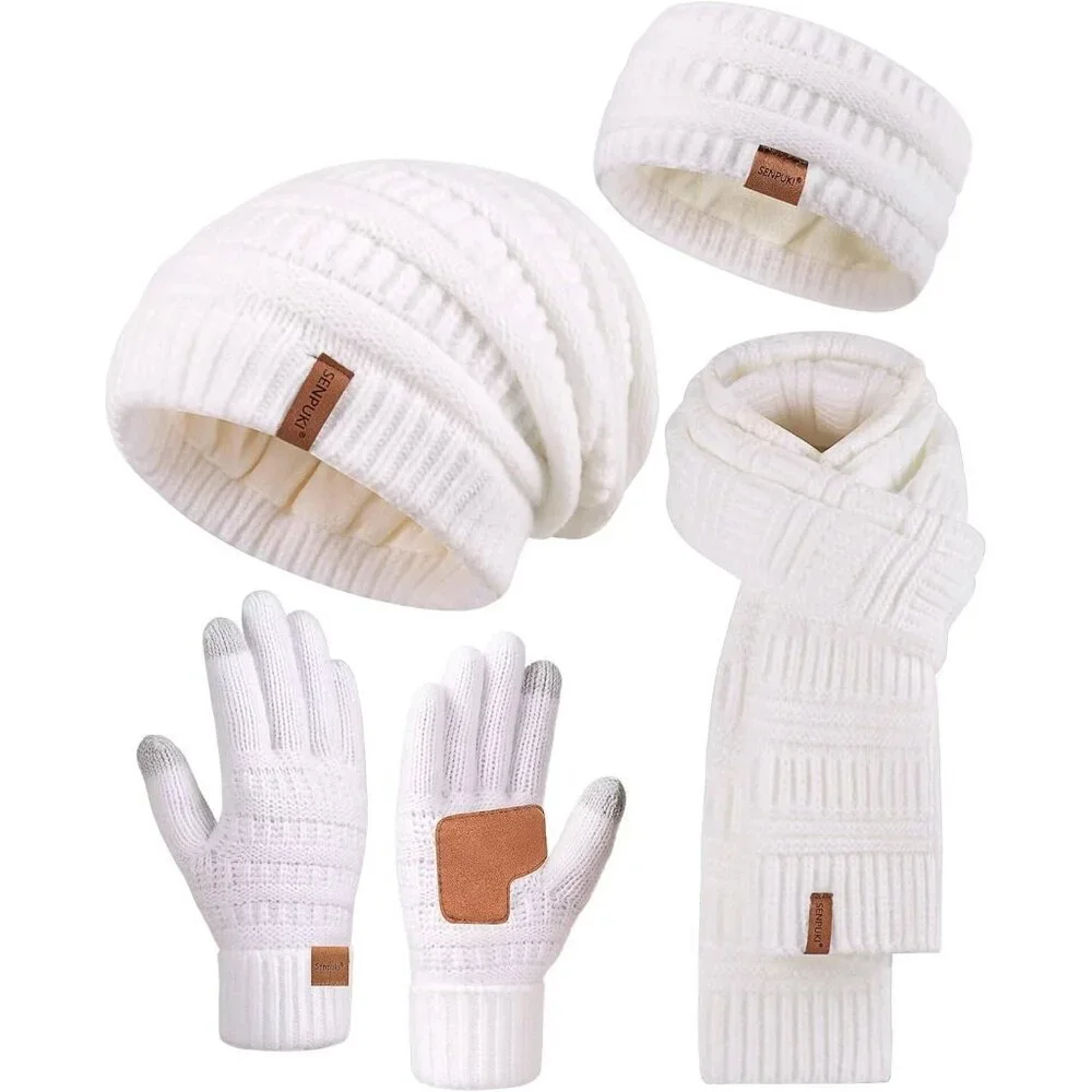 Women Winter Beanie Scarf Gloves Headband Set Knit Warm 4 Piece Gift White
